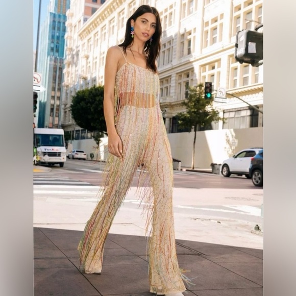 Nasty Gal Pants - Nasty Gal Yellow Tan Tassel Beaded Sequin Flare Pants NWT sz 8
